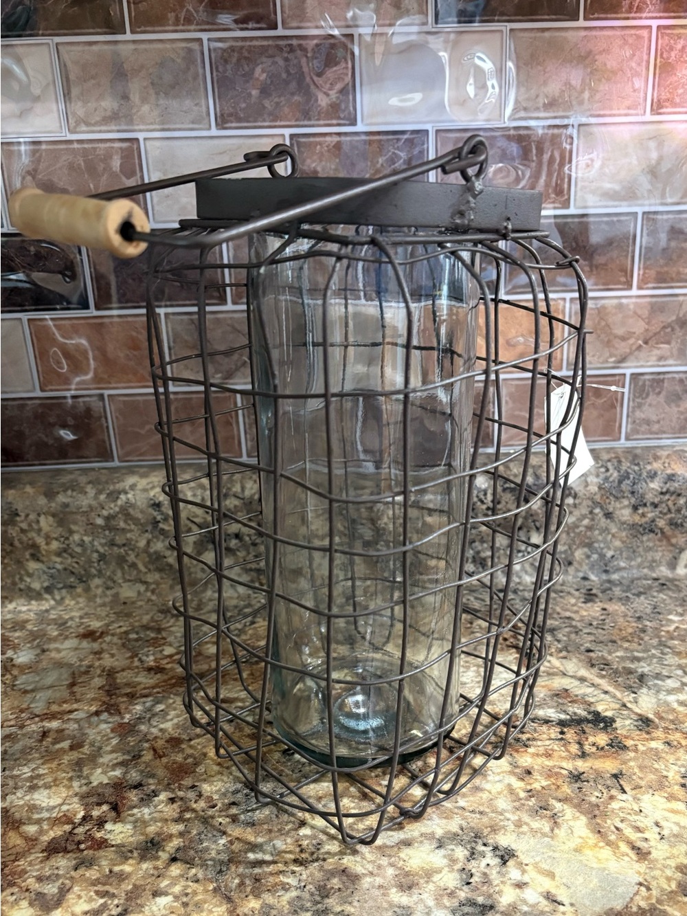 Rustic Metal Wire Lantern with Clear Glass Cylinder - Brown